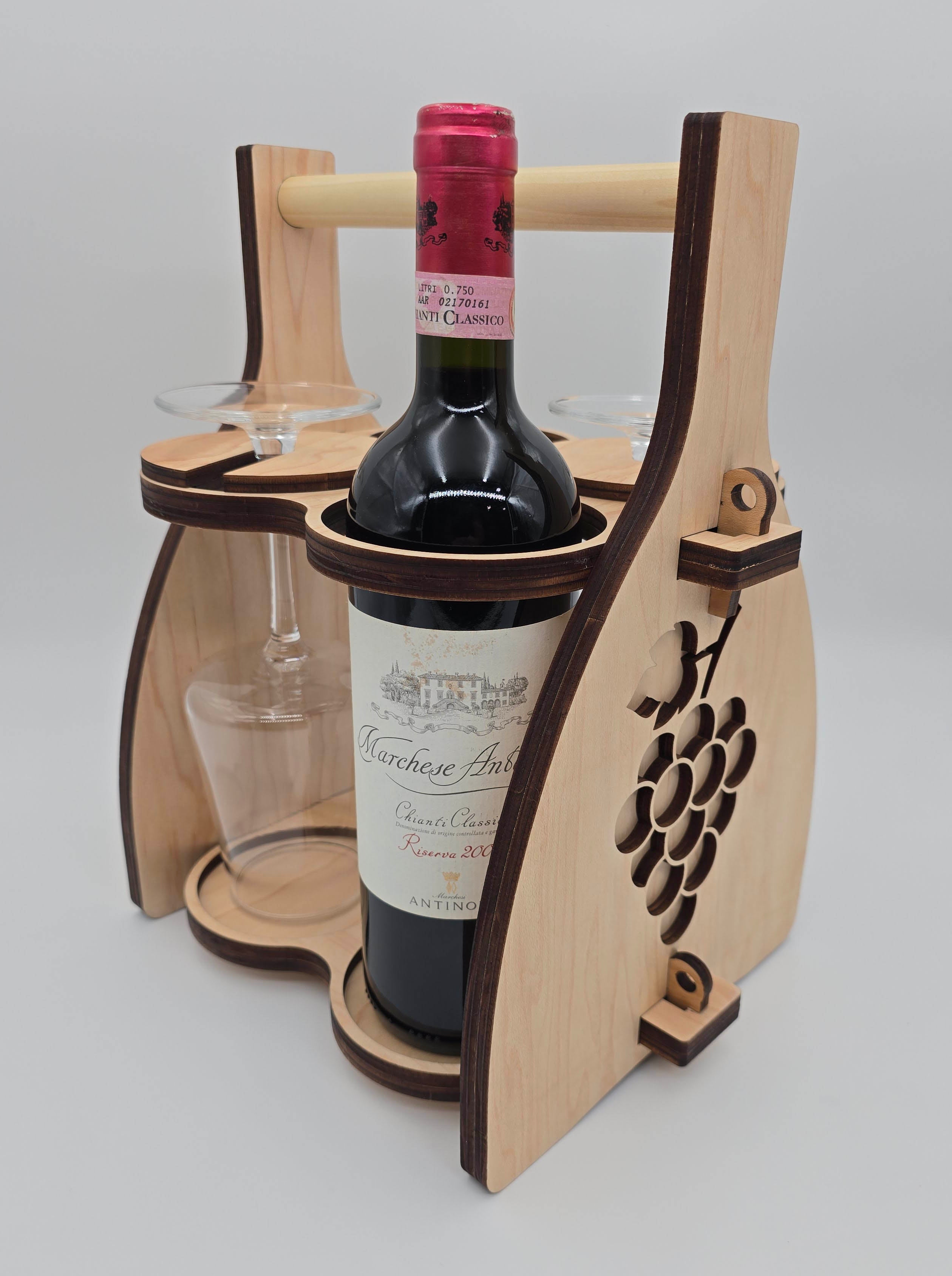 Handcrafted Wooden Wine Carrier with Glass Holder | Rustic Folding ...