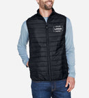 Black puffer vest with customizable logo area worn by a person on a white background