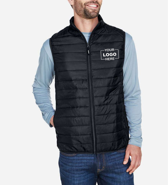 Black puffer vest with customizable logo area worn by a person on a white background