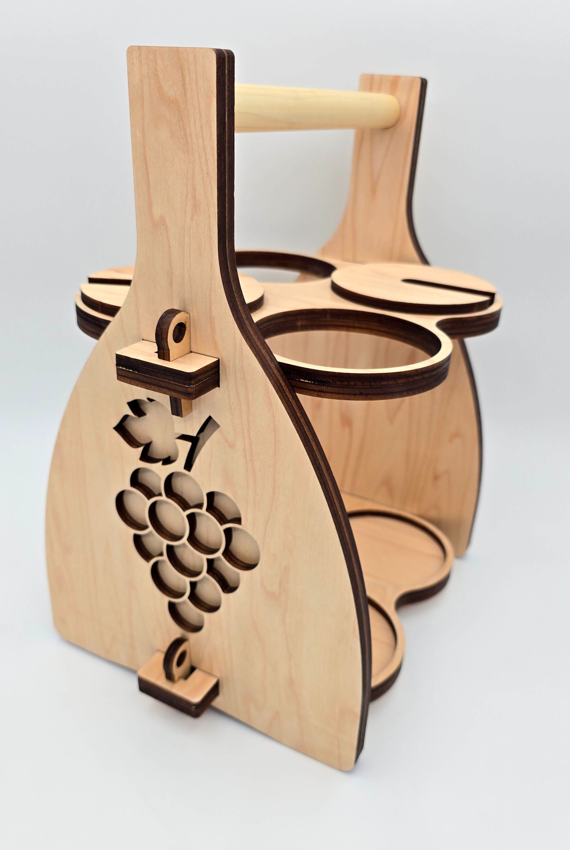 Handcrafted Wooden Wine Carrier with Glass Holder | Rustic Folding Bottle Caddy