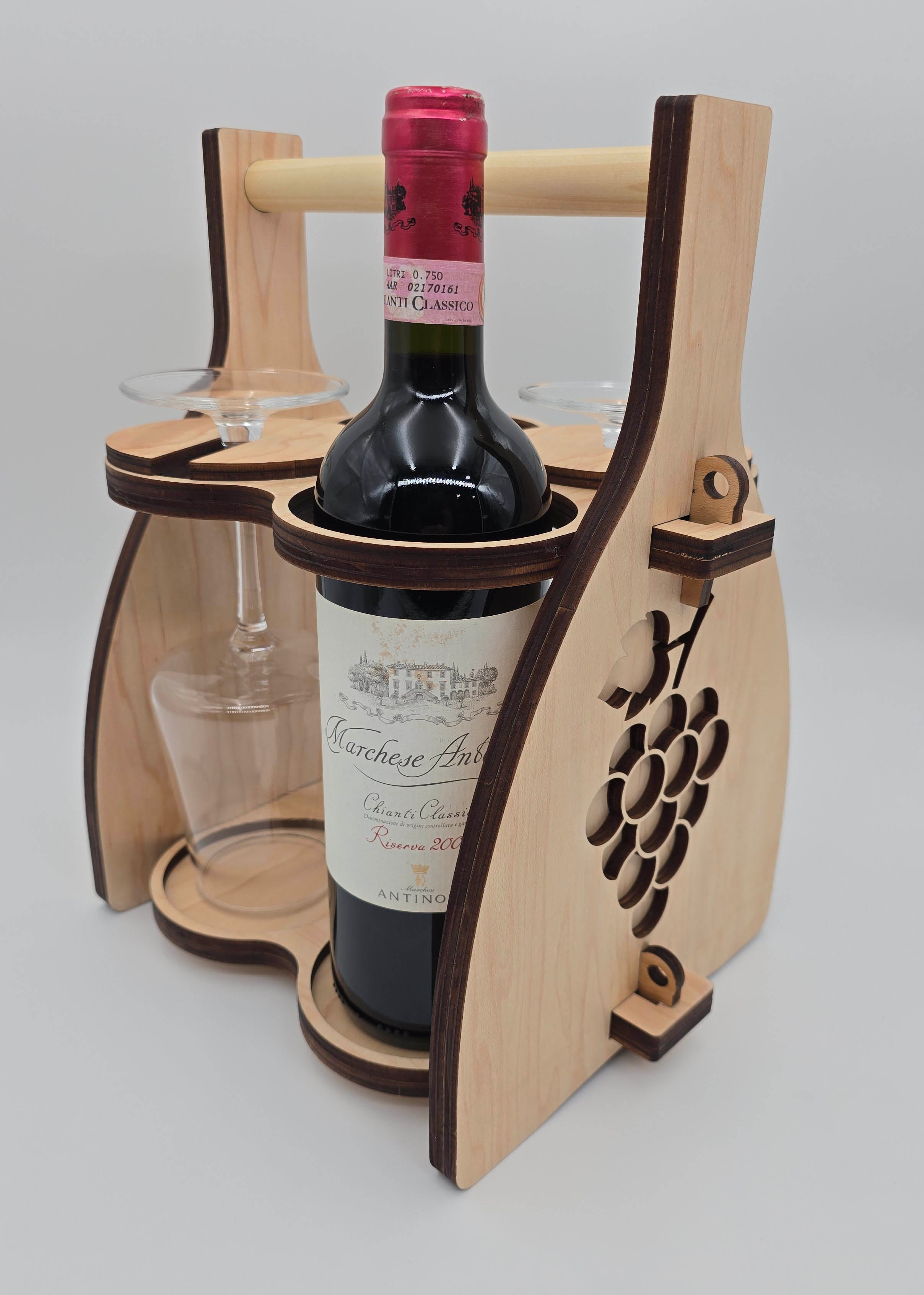 Handcrafted Wooden Wine Carrier with Glass Holder | Rustic Folding Bottle Caddy