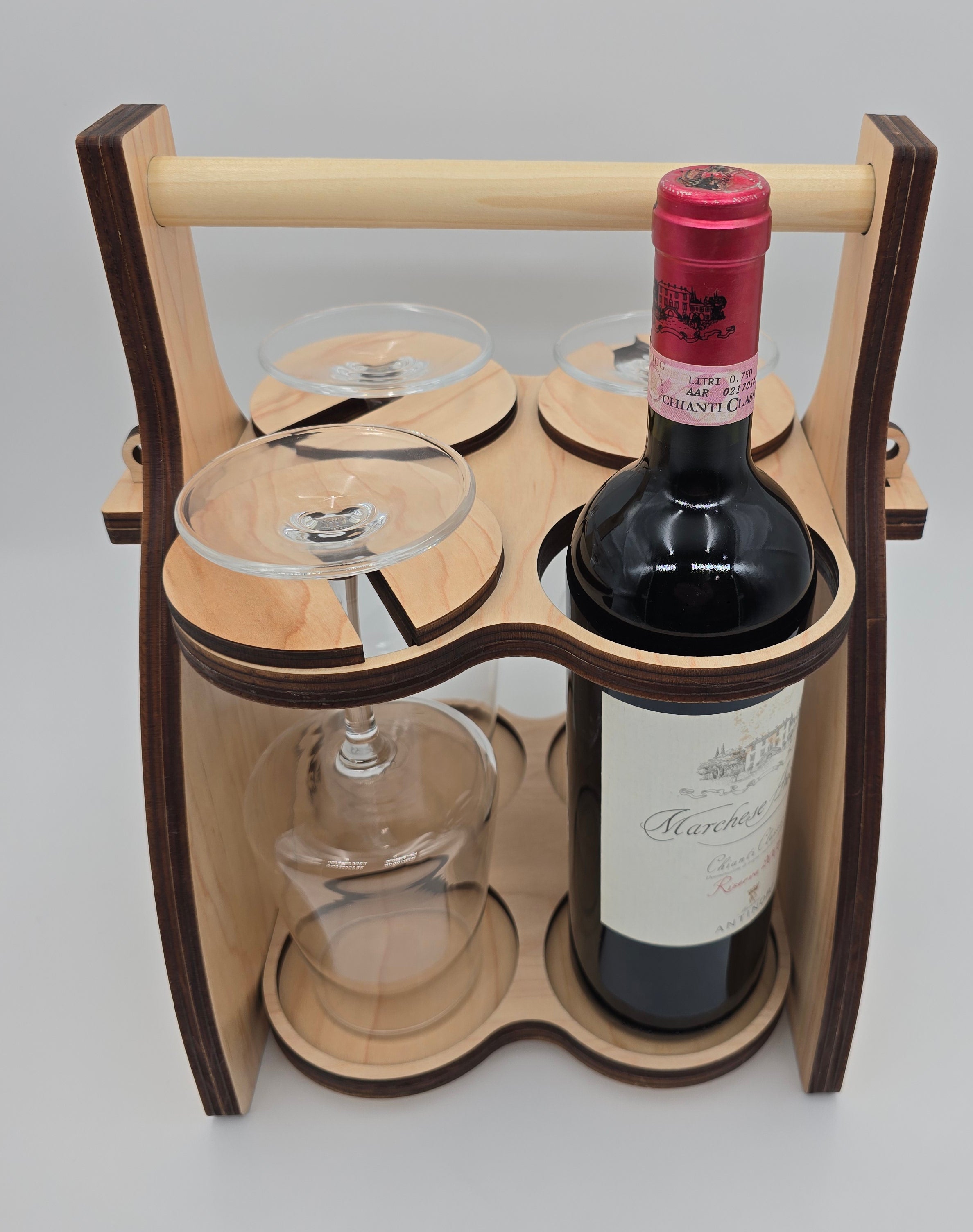 Handcrafted Wooden Wine Carrier with Glass Holder | Rustic Folding Bottle Caddy