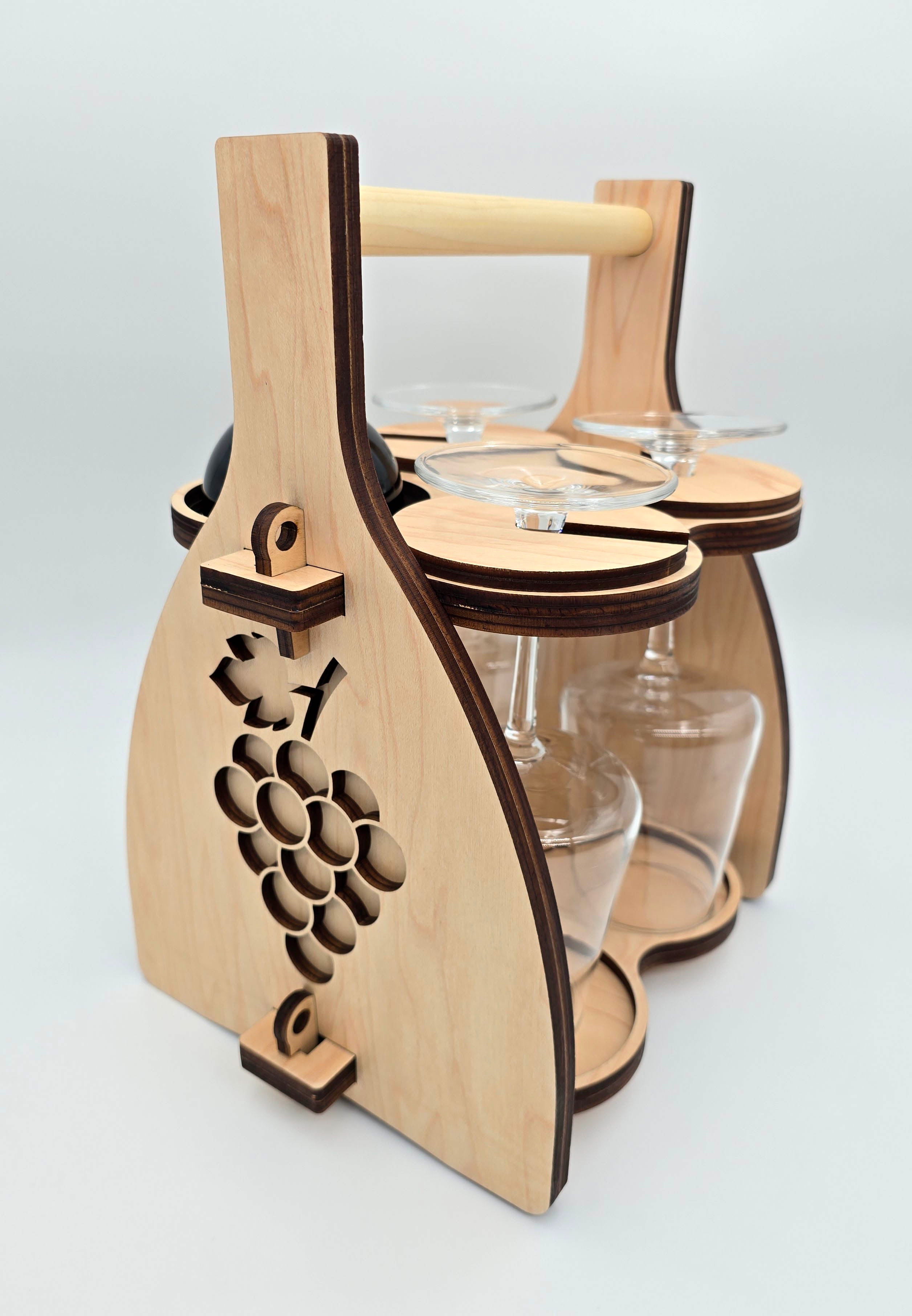 Handcrafted Wooden Wine Carrier with Glass Holder | Rustic Folding Bottle Caddy
