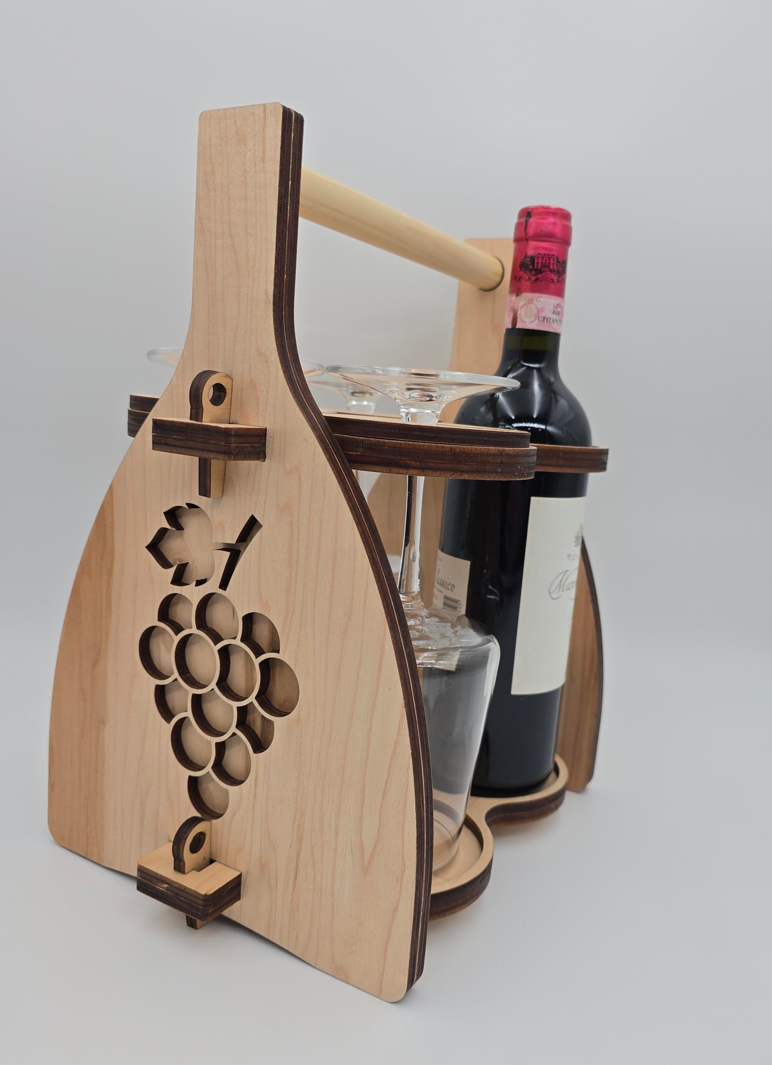 Handcrafted Wooden Wine Carrier with Glass Holder | Rustic Folding Bottle Caddy
