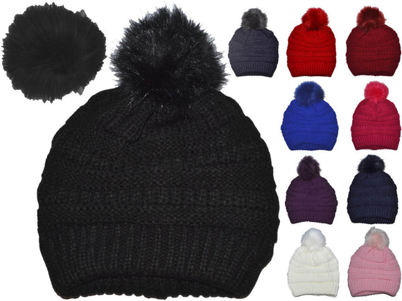 Winter Beanie W/Removable Fur Pom-Pom - Warm Knit Soft Ladies Beanie Hat - 5366 image 2